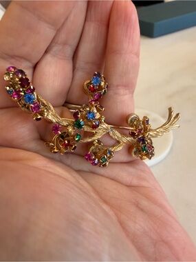 Vintage Gold-Tone Multicolor Crystal Floral Branch Brooch - Women Jewelry
